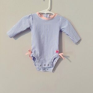 Ruffle Butts Seersucker Long Sleeve Rashguard 1 Piece Swim Bathing Suit Sz 3-6 M